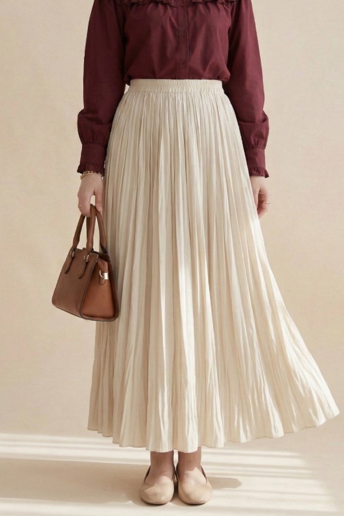 تنورة واسعة بخصر مطاطي -اللون البيج