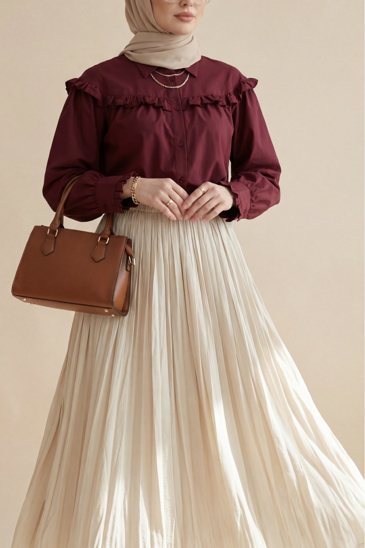 تنورة واسعة بخصر مطاطي -اللون البيج