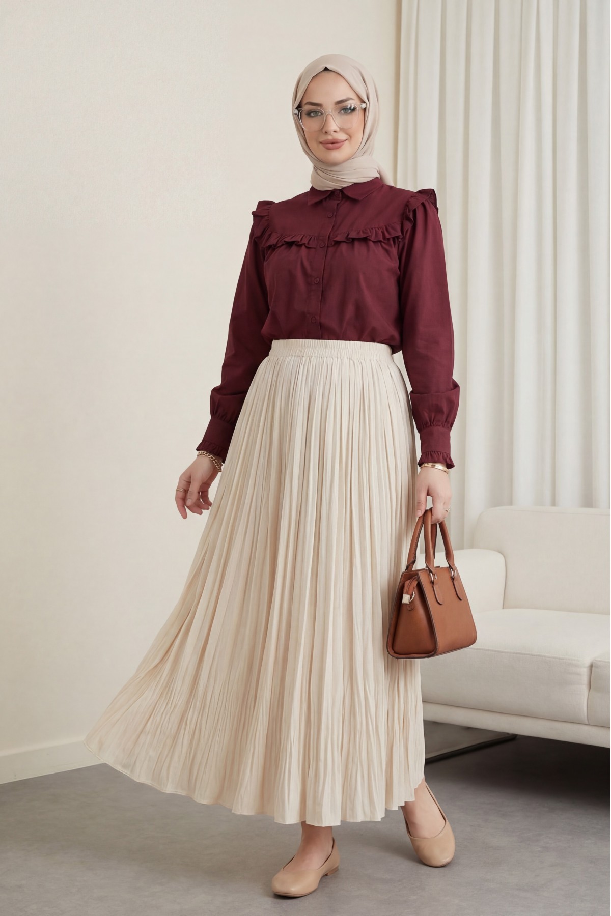 تنورة واسعة بخصر مطاطي -اللون البيج