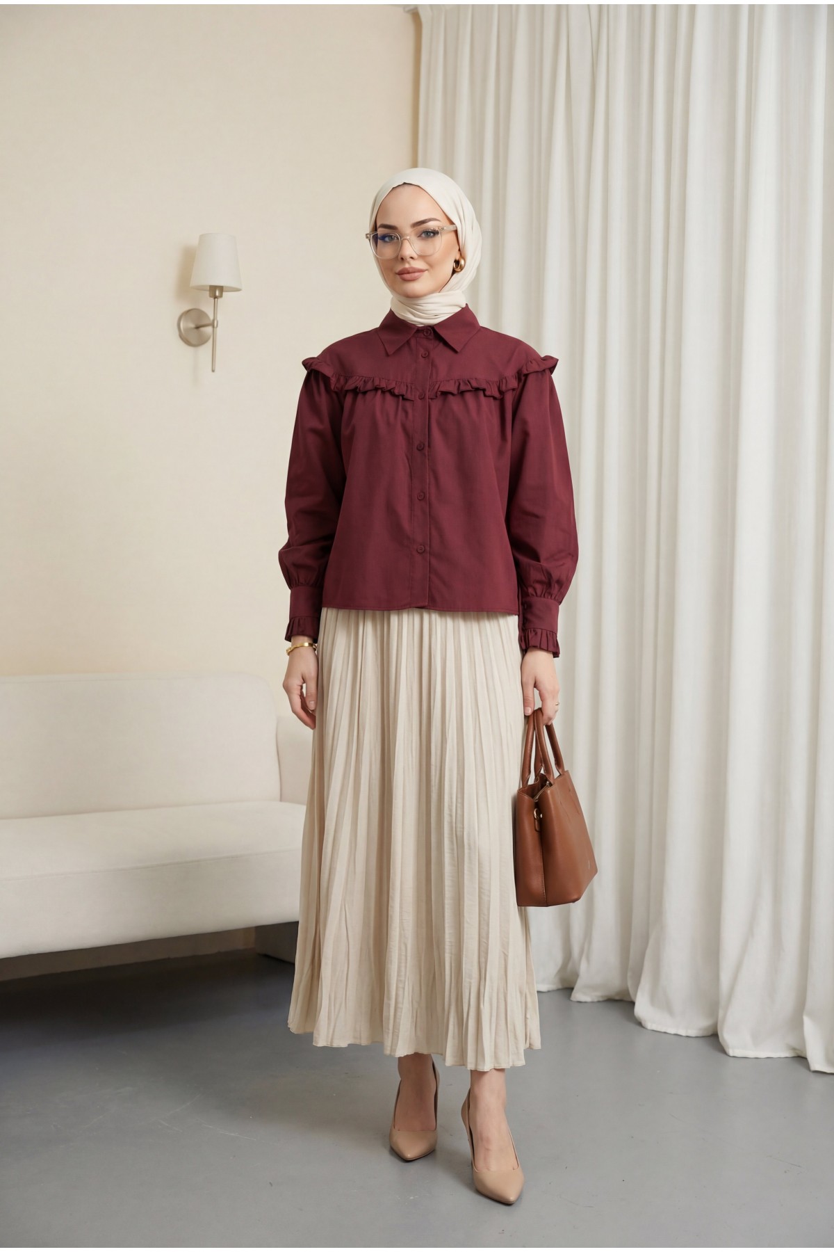 تنورة واسعة بخصر مطاطي -اللون البيج