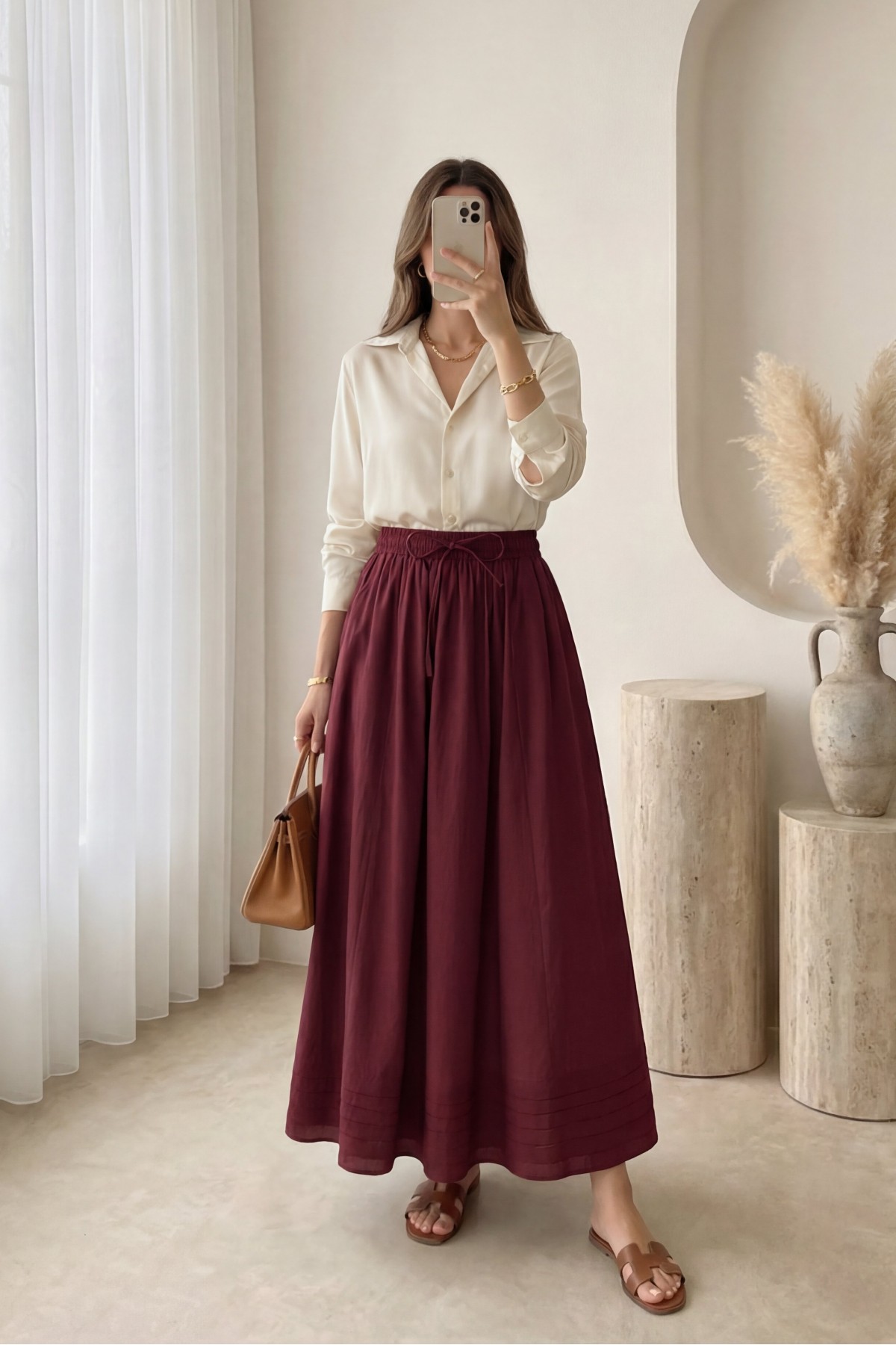 Beli Lastikli Cepli Dikiş Detaylı Etek -Bordo