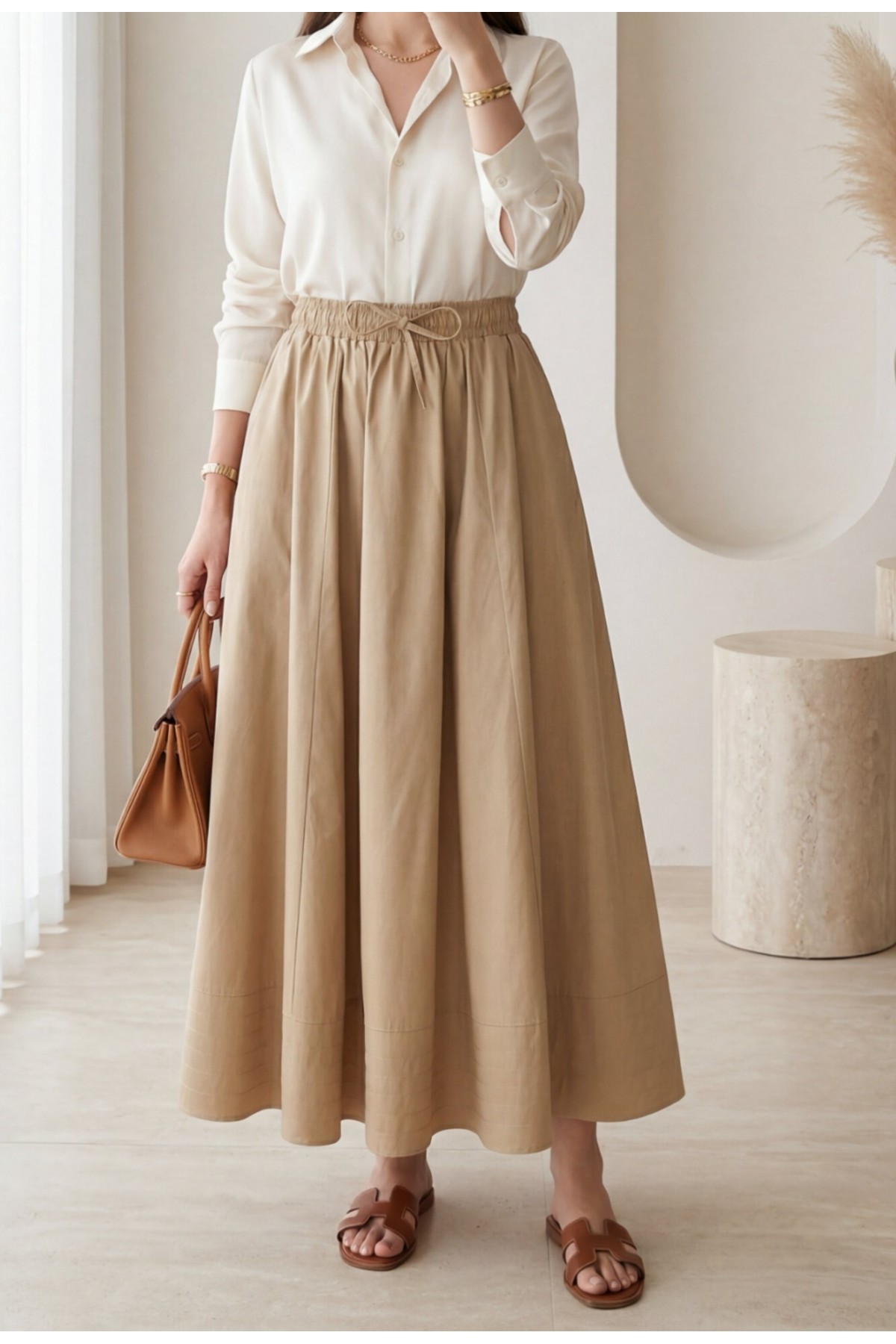 Beli Lastikli Cepli Dikiş Detaylı Etek  -Vizon