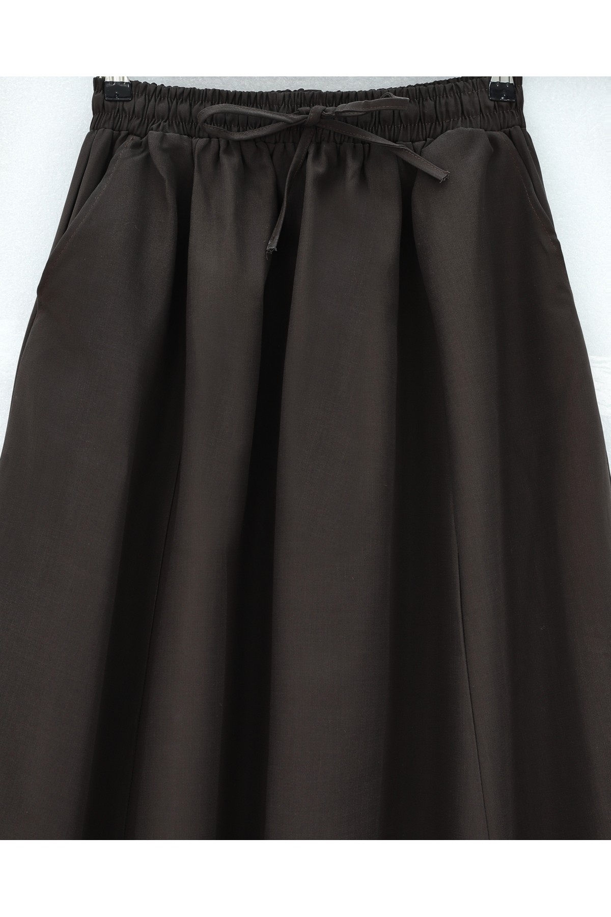 Beli Lastikli Bağcıklı Cepli Dikiş Detaylı Etek  -K. Kahve