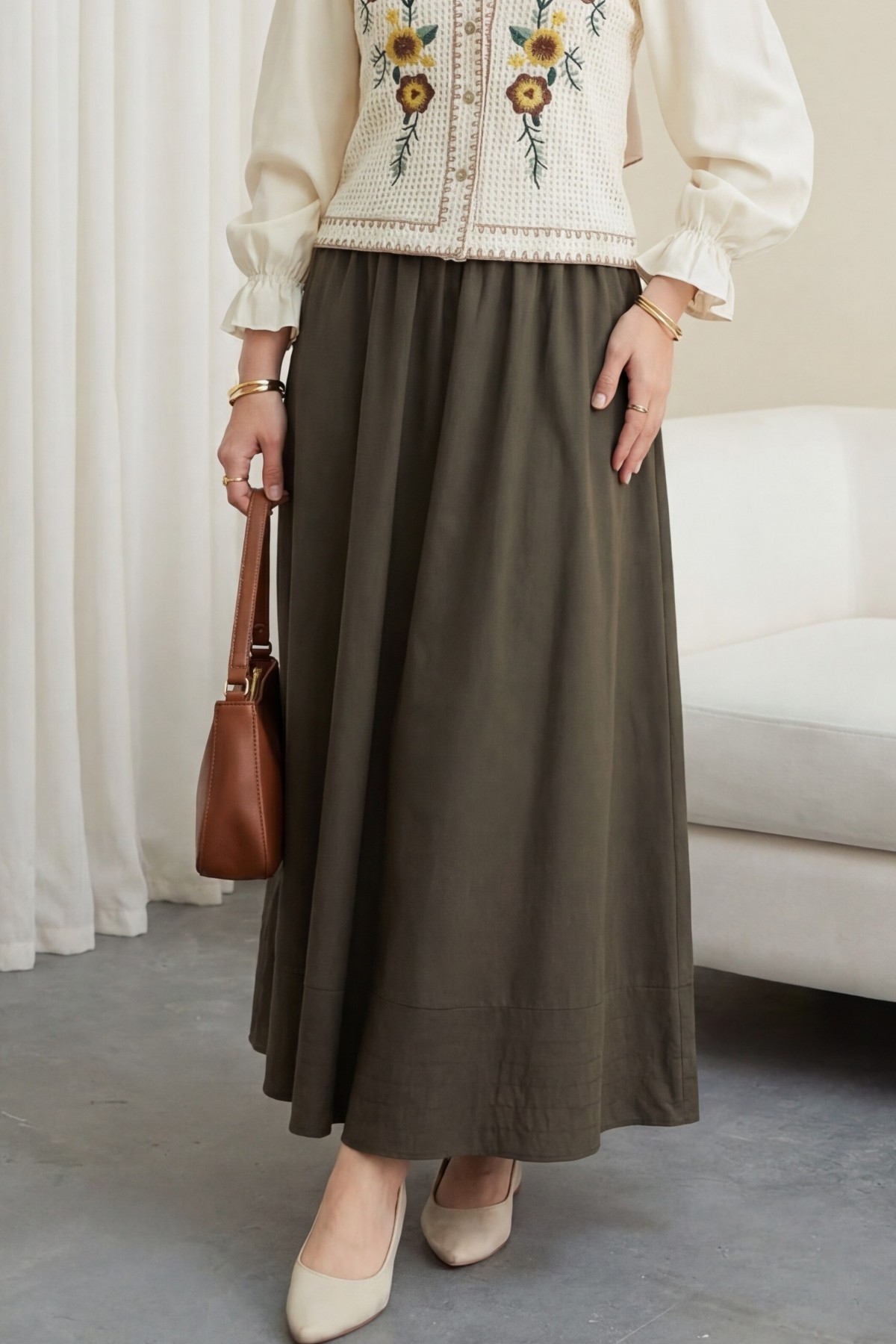 Beli Lastikli Cepli Dikiş Detaylı Etek  -Koyu Yeşil