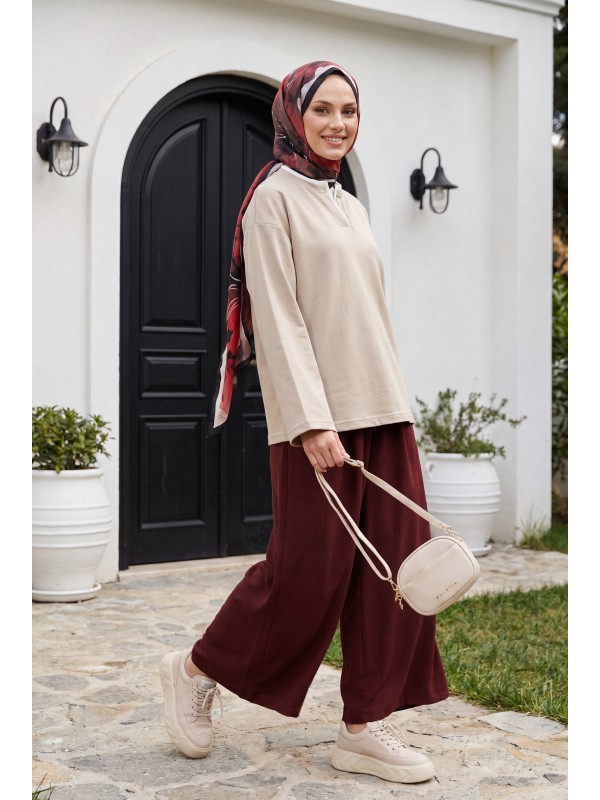 Beli Lastikli Cepli Modal Etek Pantolon -Bordo