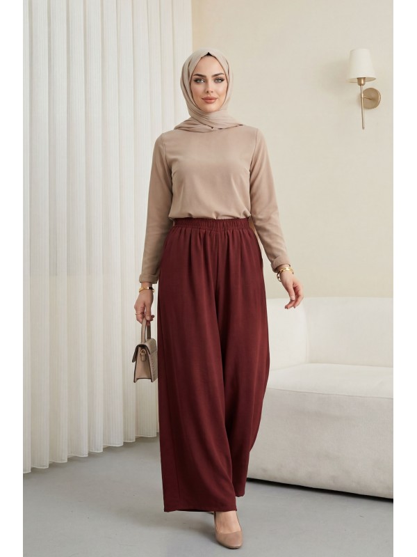 Modal Skirt Pants with Elastic Waist and Pockets -Maroon