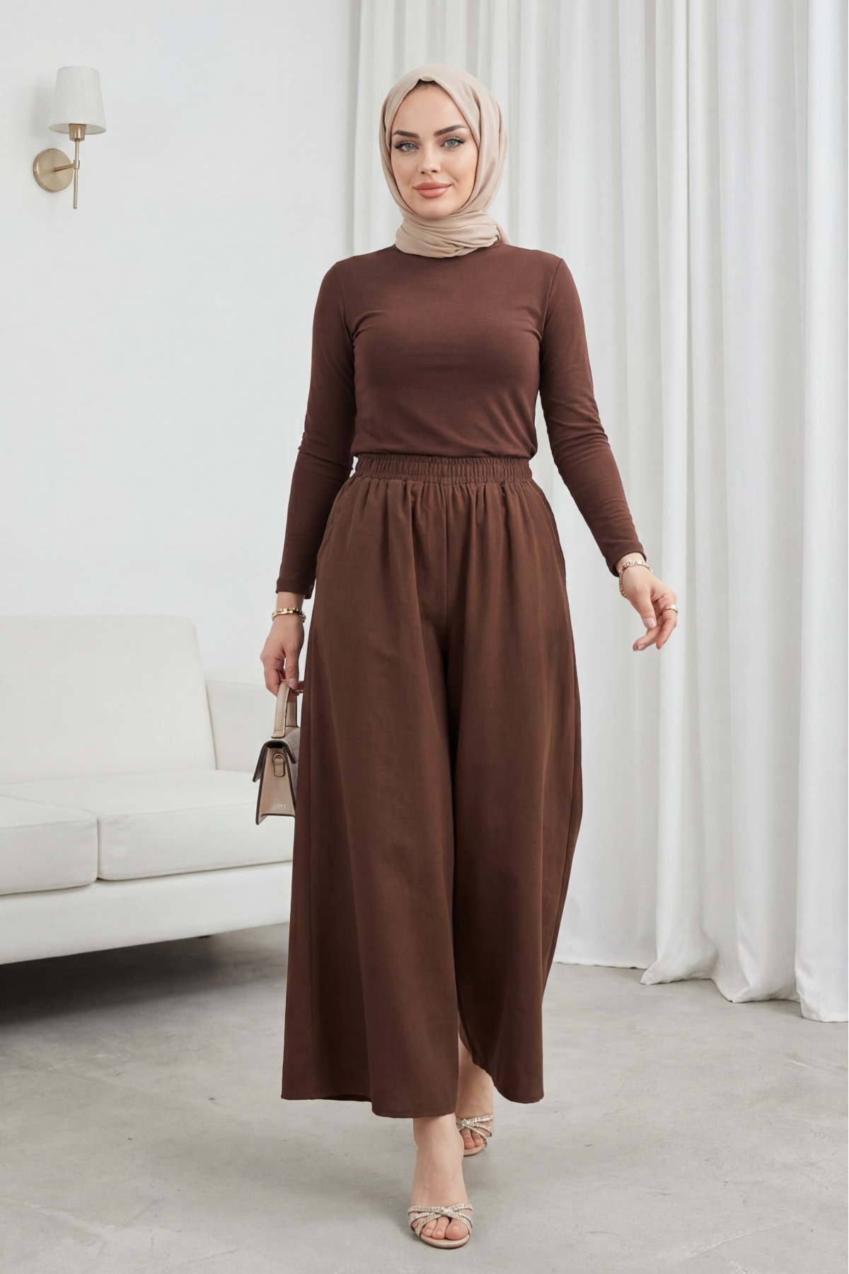 Modal Skirt Pants with Elastic Waist and Pockets -Brown