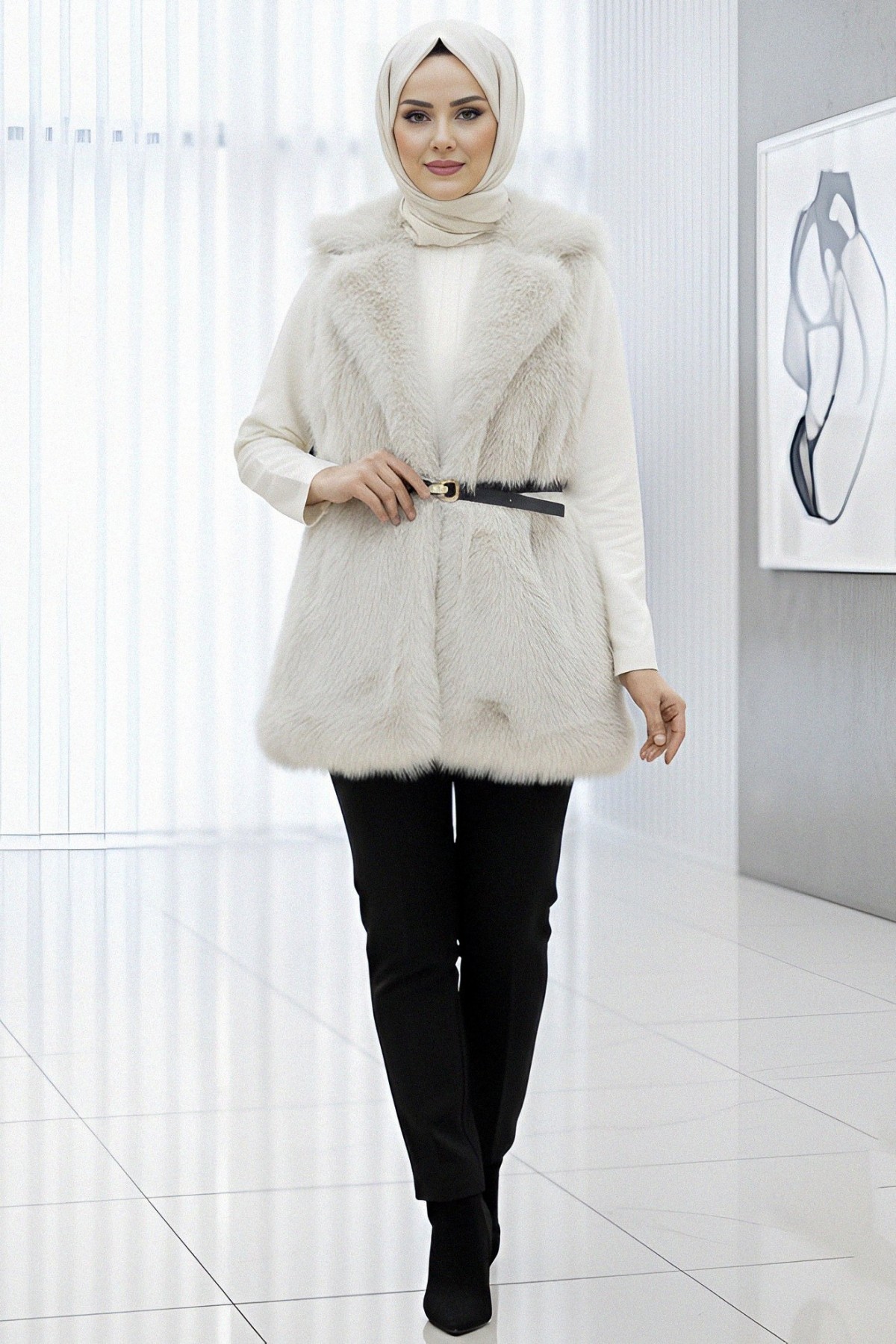 Belted Buttoned Fur Lined Vest -Cream color