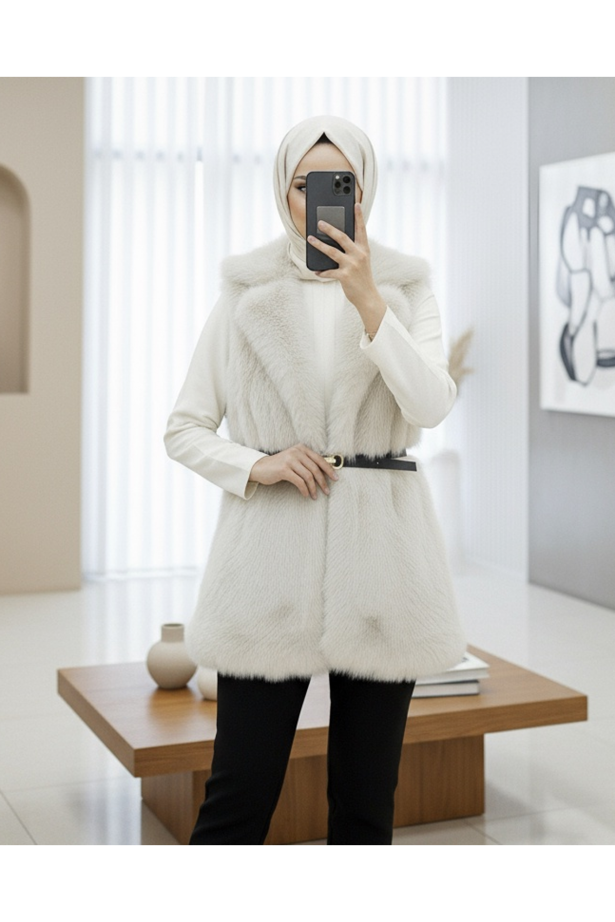 Belted Buttoned Fur Lined Vest -Cream color
