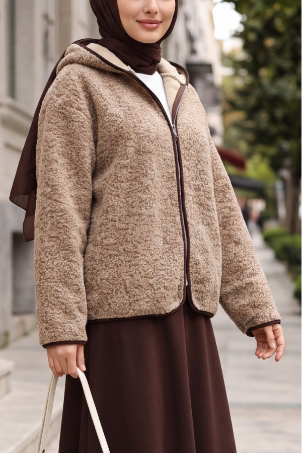 Hooded, Zip-Up, Double-Pocket Plush Coat -Light coffee