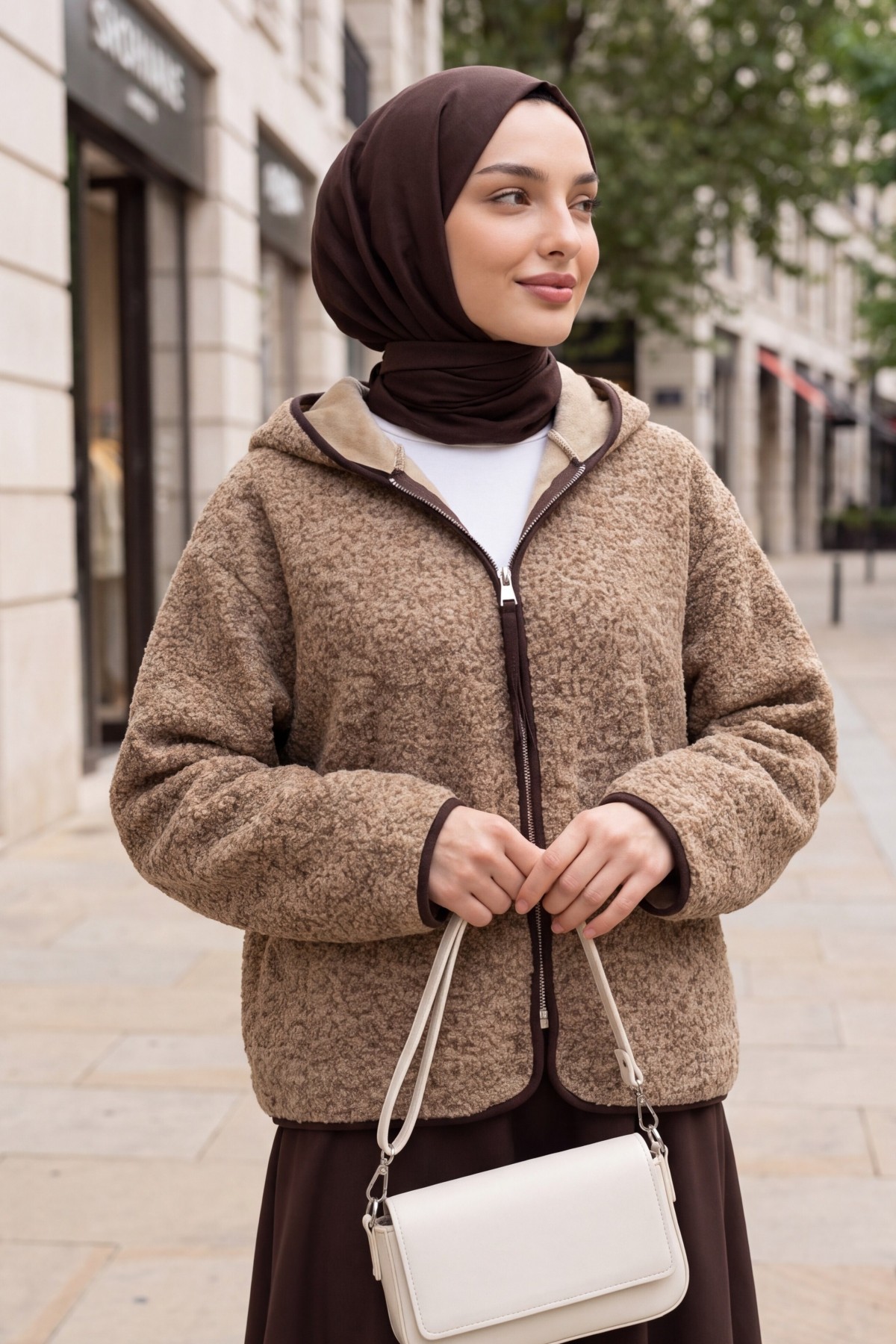 Hooded, Zip-Up, Double-Pocket Plush Coat -Light coffee