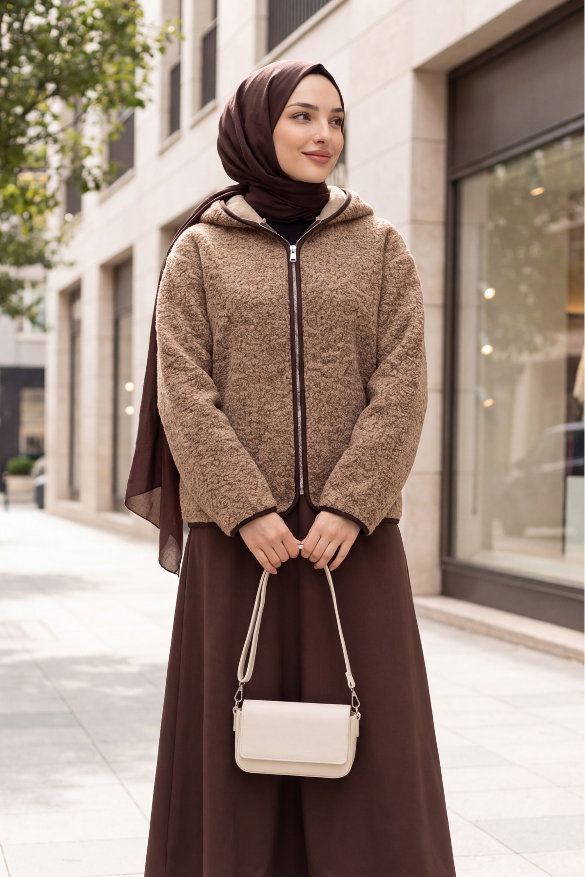 Hooded, Zip-Up, Double-Pocket Plush Coat -Light coffee