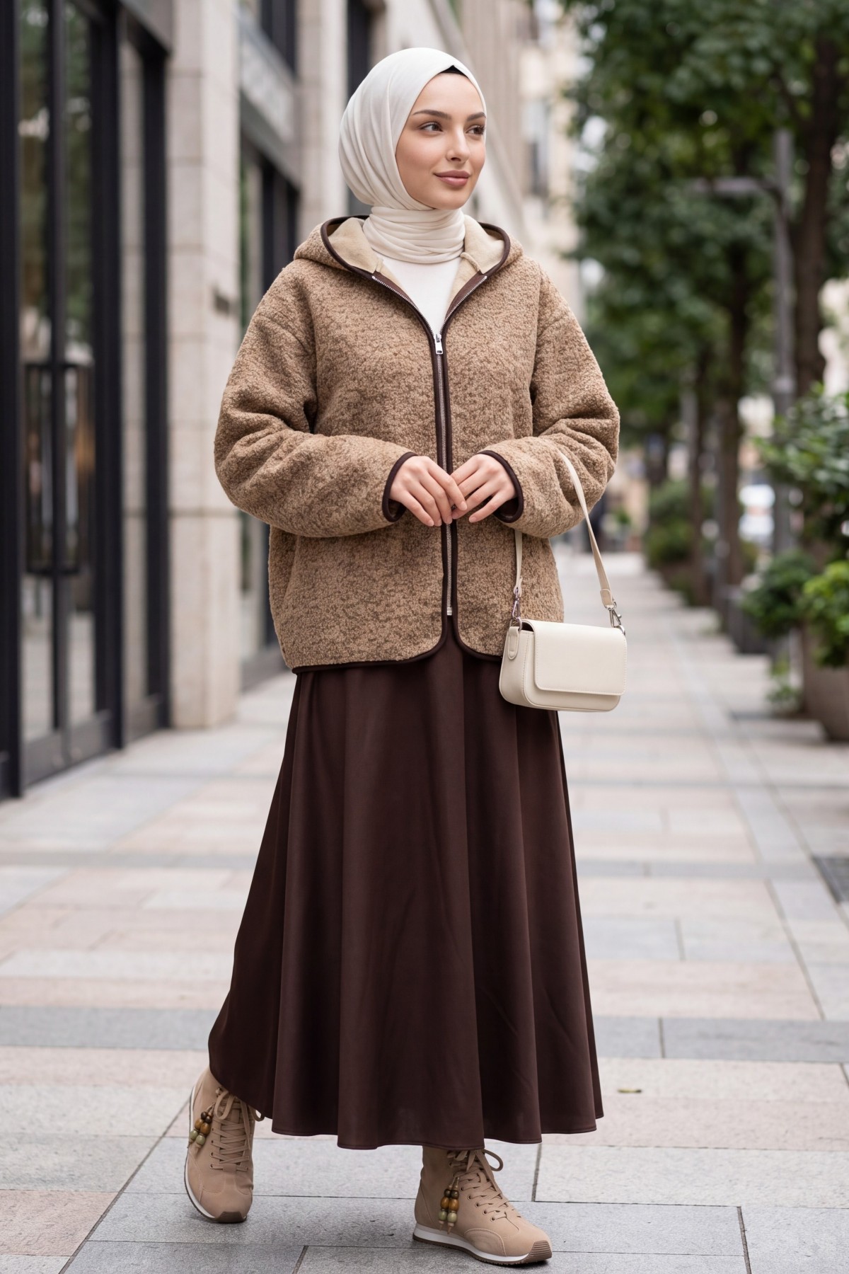 Hooded, Zip-Up, Double-Pocket Plush Coat -Light coffee