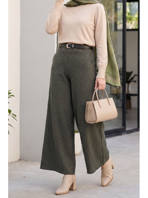 Cashmere  Plaid Trouser Skirt with Elastic Waistband -Khaki