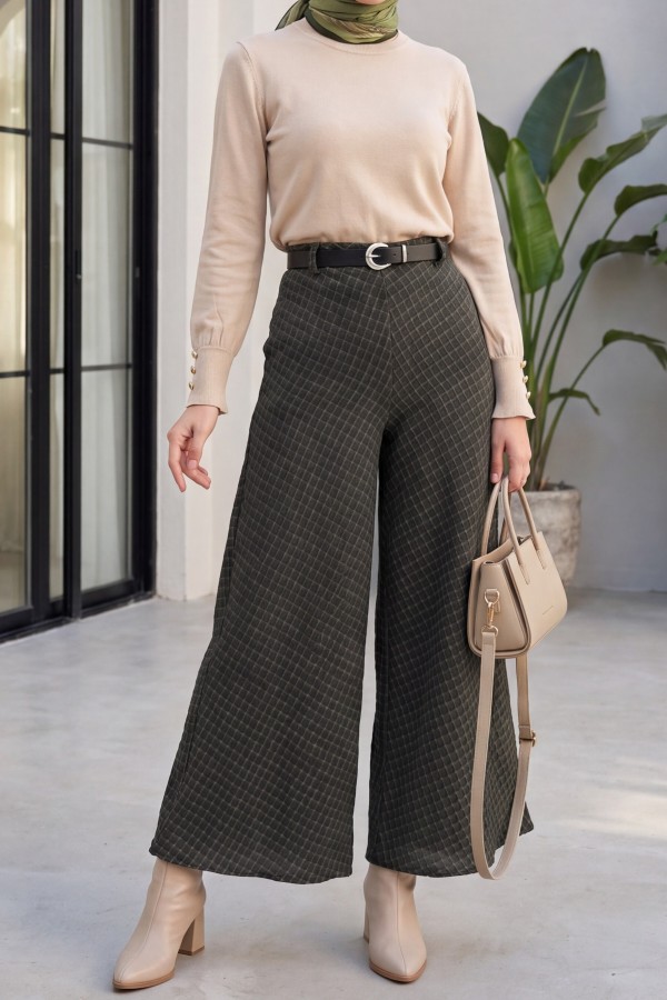 Cashmere  Plaid Trouser Skirt with Elastic Waistband -Khaki
