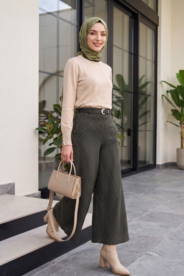 Cashmere  Plaid Trouser Skirt with Elastic Waistband -Khaki