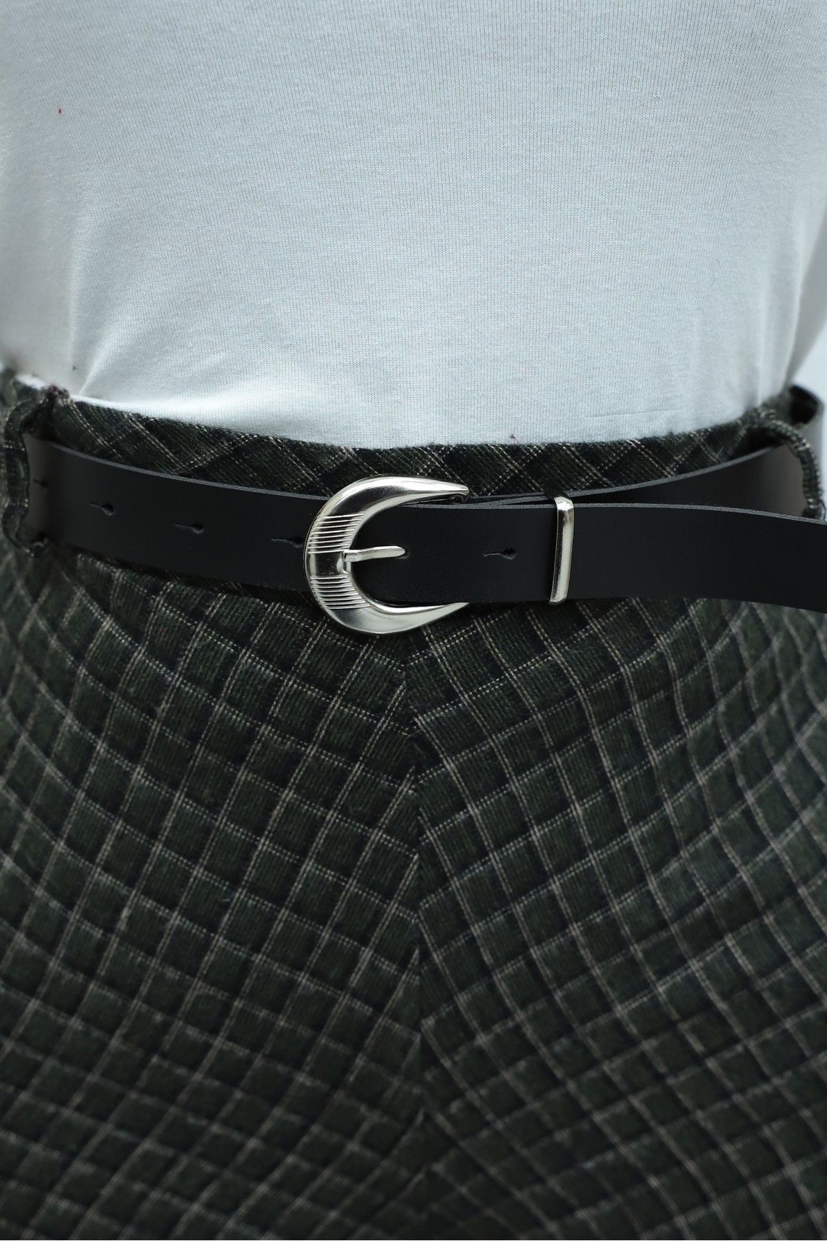 Beli Lastikli Kemerli Kaşmir Ekose Pantolon Etek -Haki