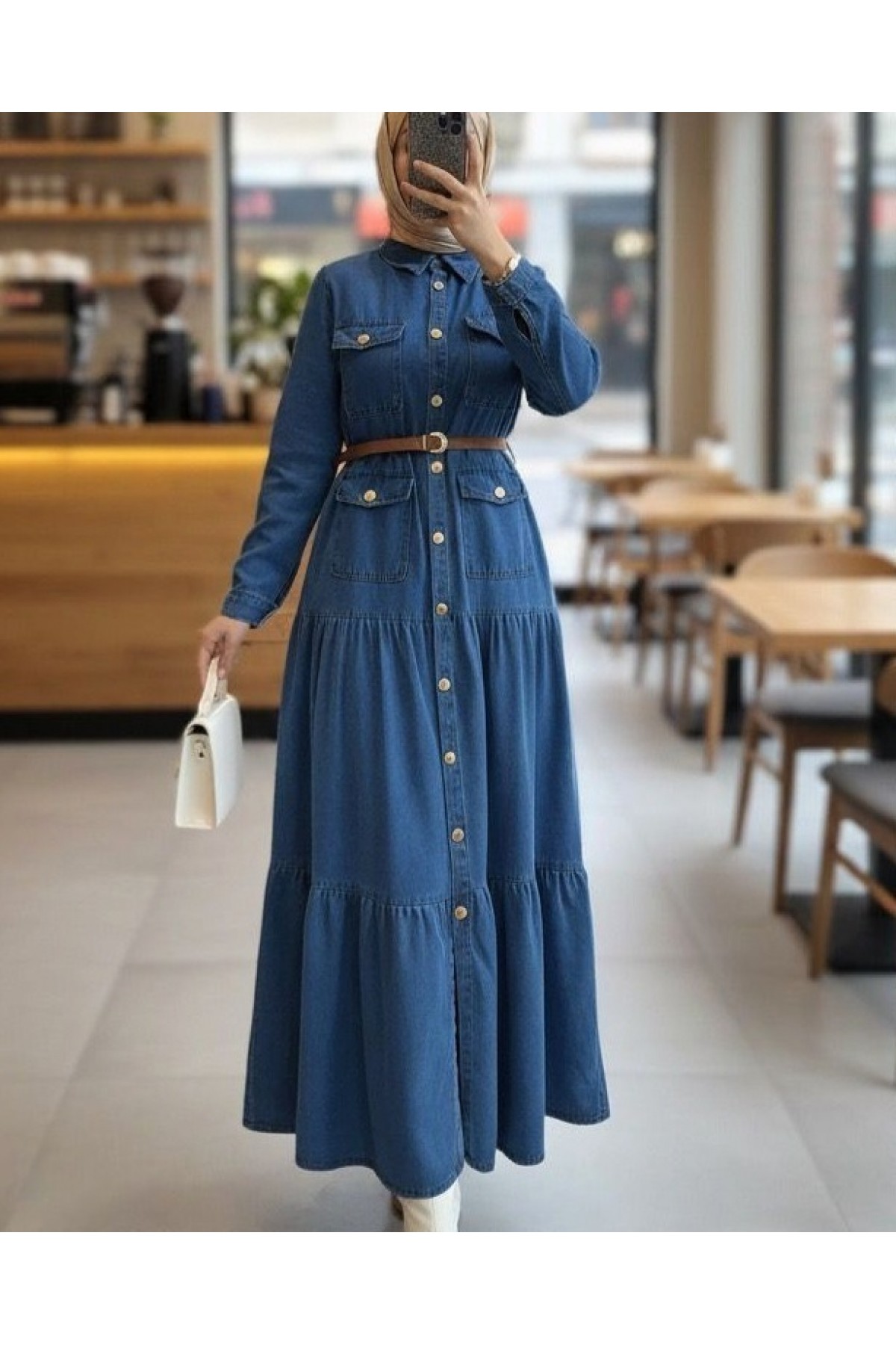 Boydan Düğmeli Cepli Kemerli Kot Elbise -Laci