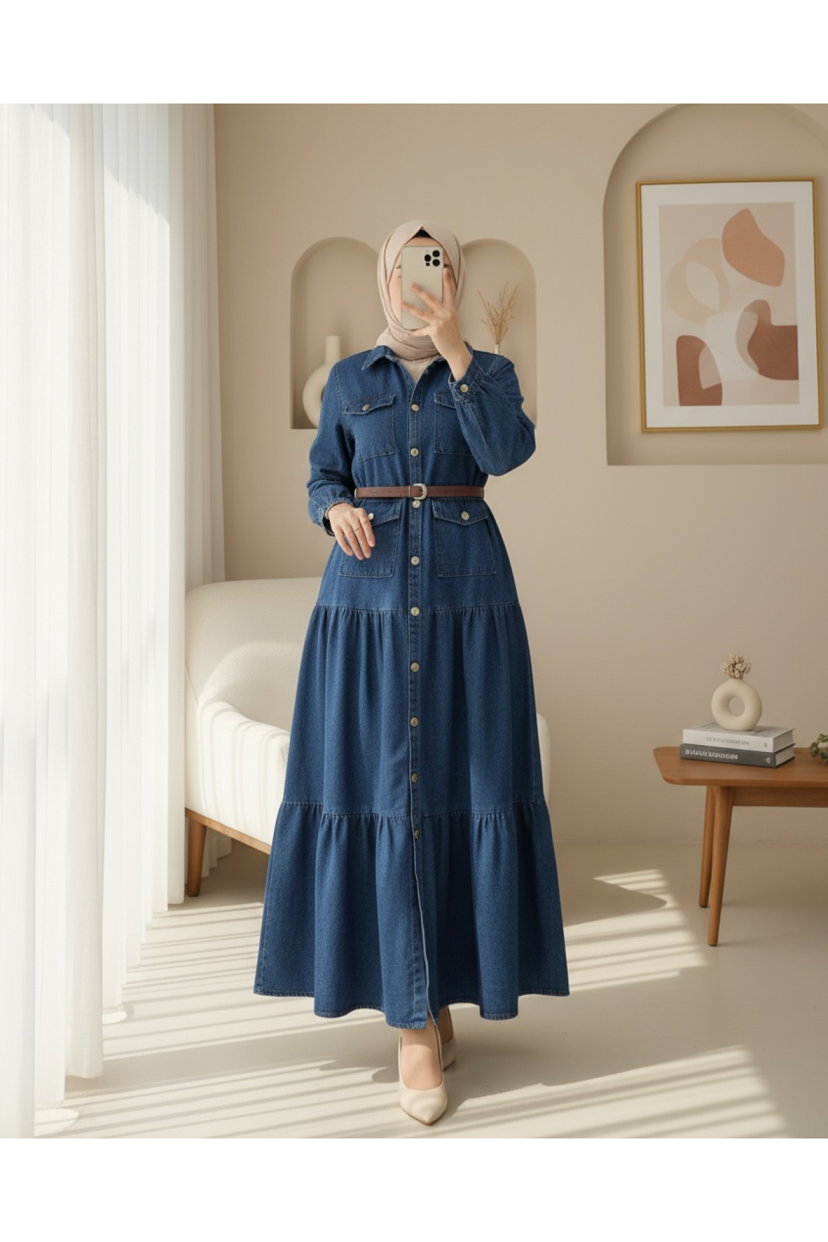 Boydan Düğmeli Cepli Kemerli Kot Elbise -Laci
