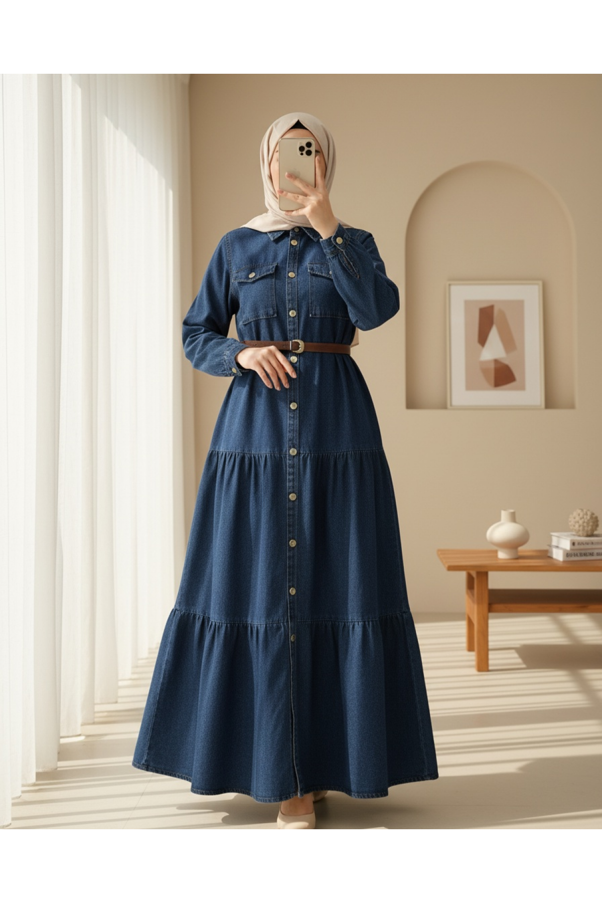 Boydan Düğmeli Cepli Kemerli Kot Elbise -Laci