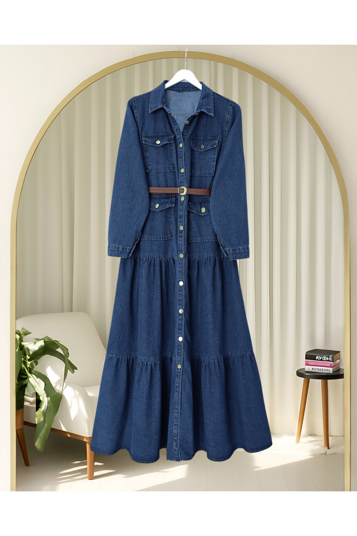 Boydan Düğmeli Cepli Kemerli Kot Elbise -Laci