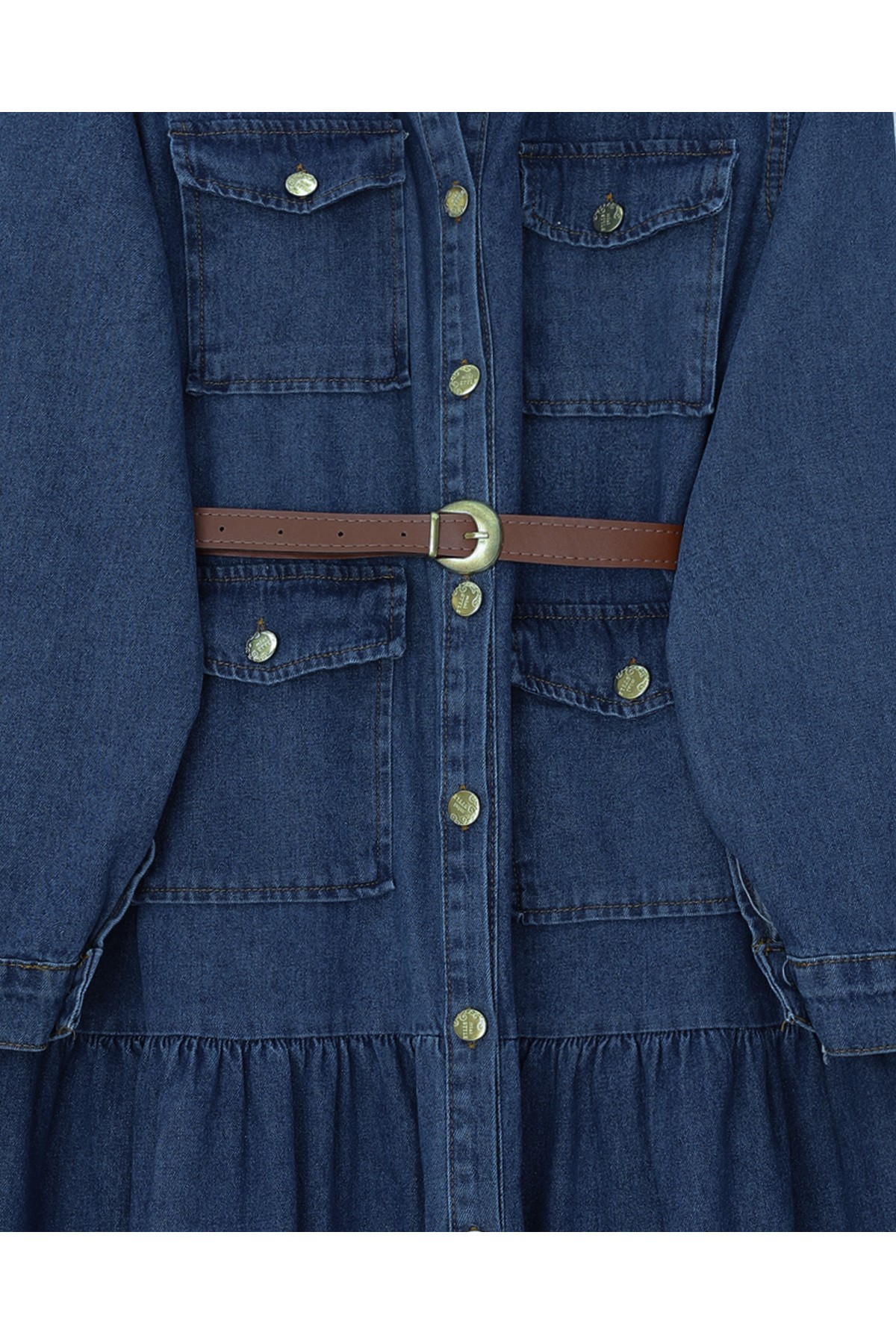 Boydan Düğmeli Cepli Kemerli Kot Elbise -Laci