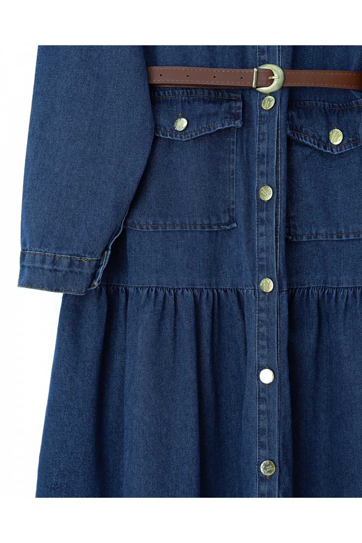 Boydan Düğmeli Cepli Kemerli Kot Elbise -Laci