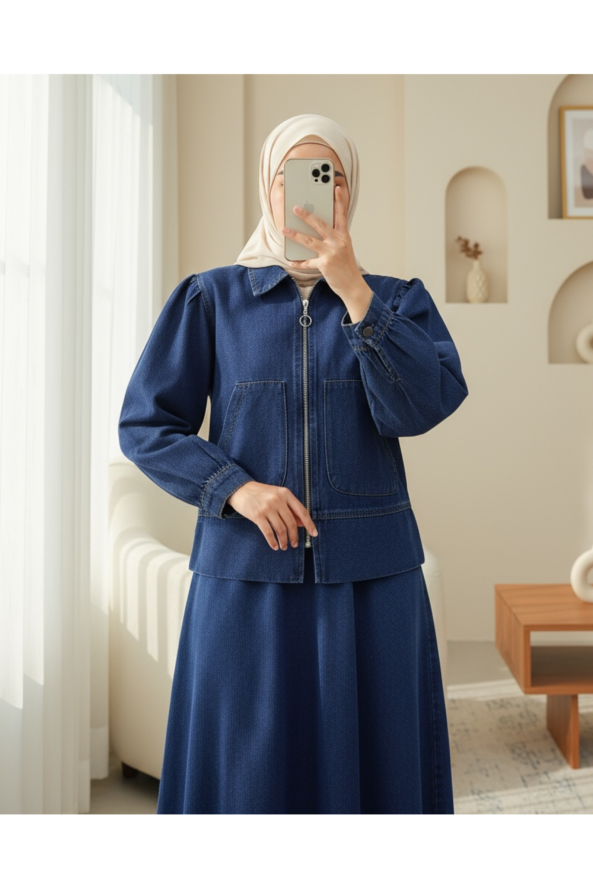 Front Zippered Double Pocket Skirted Denim Suit -İndigo