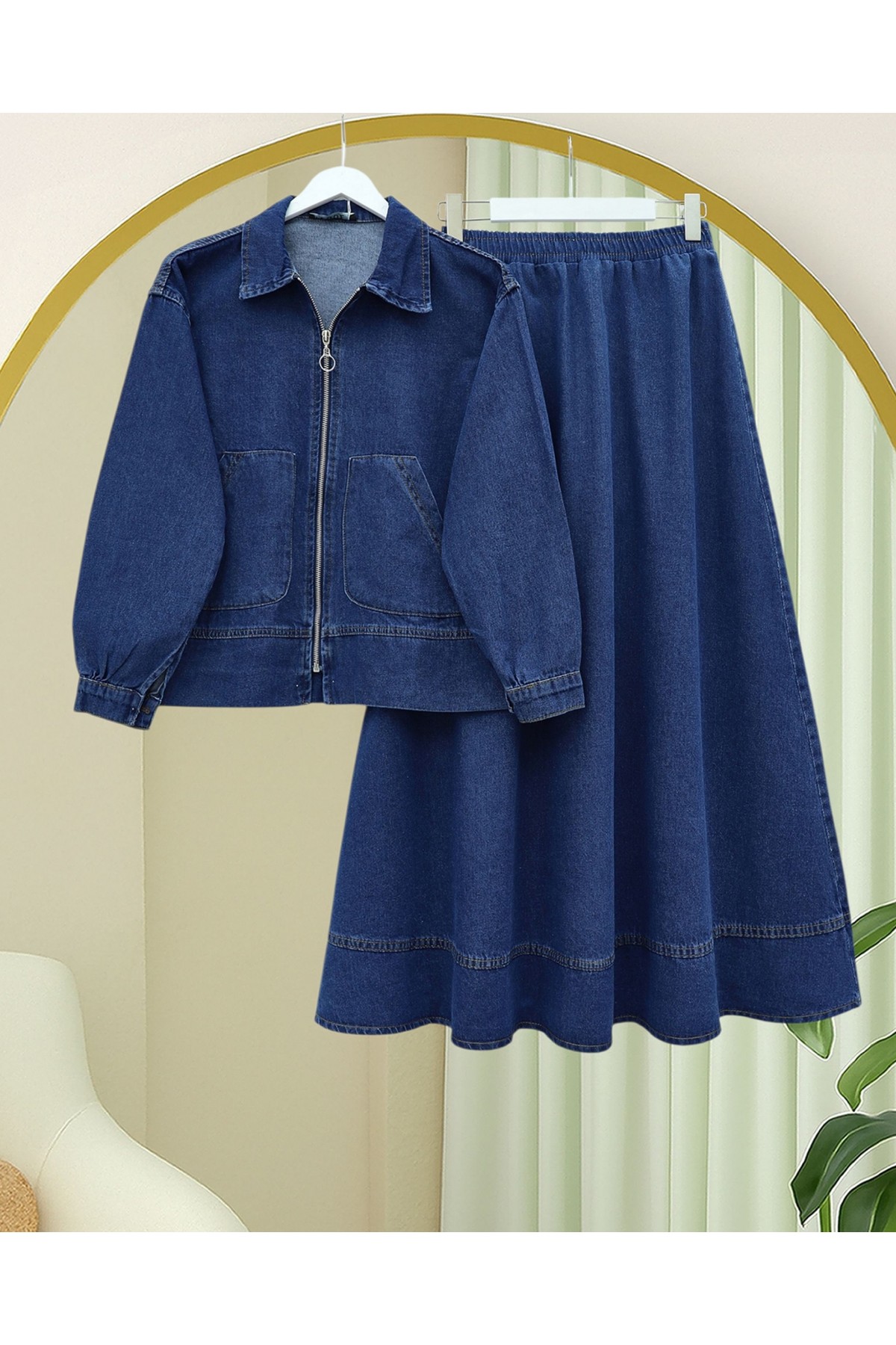Front Zippered Double Pocket Skirted Denim Suit -İndigo