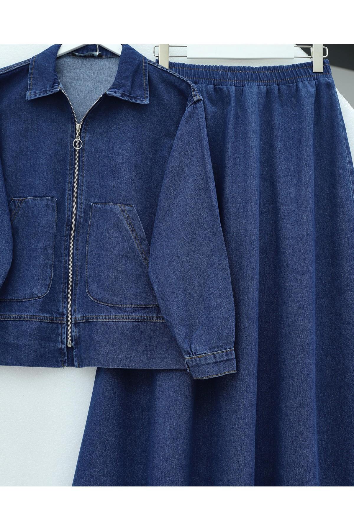 Front Zippered Double Pocket Skirted Denim Suit -İndigo