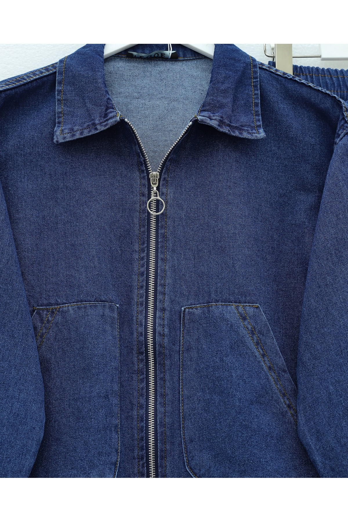Front Zippered Double Pocket Skirted Denim Suit -İndigo