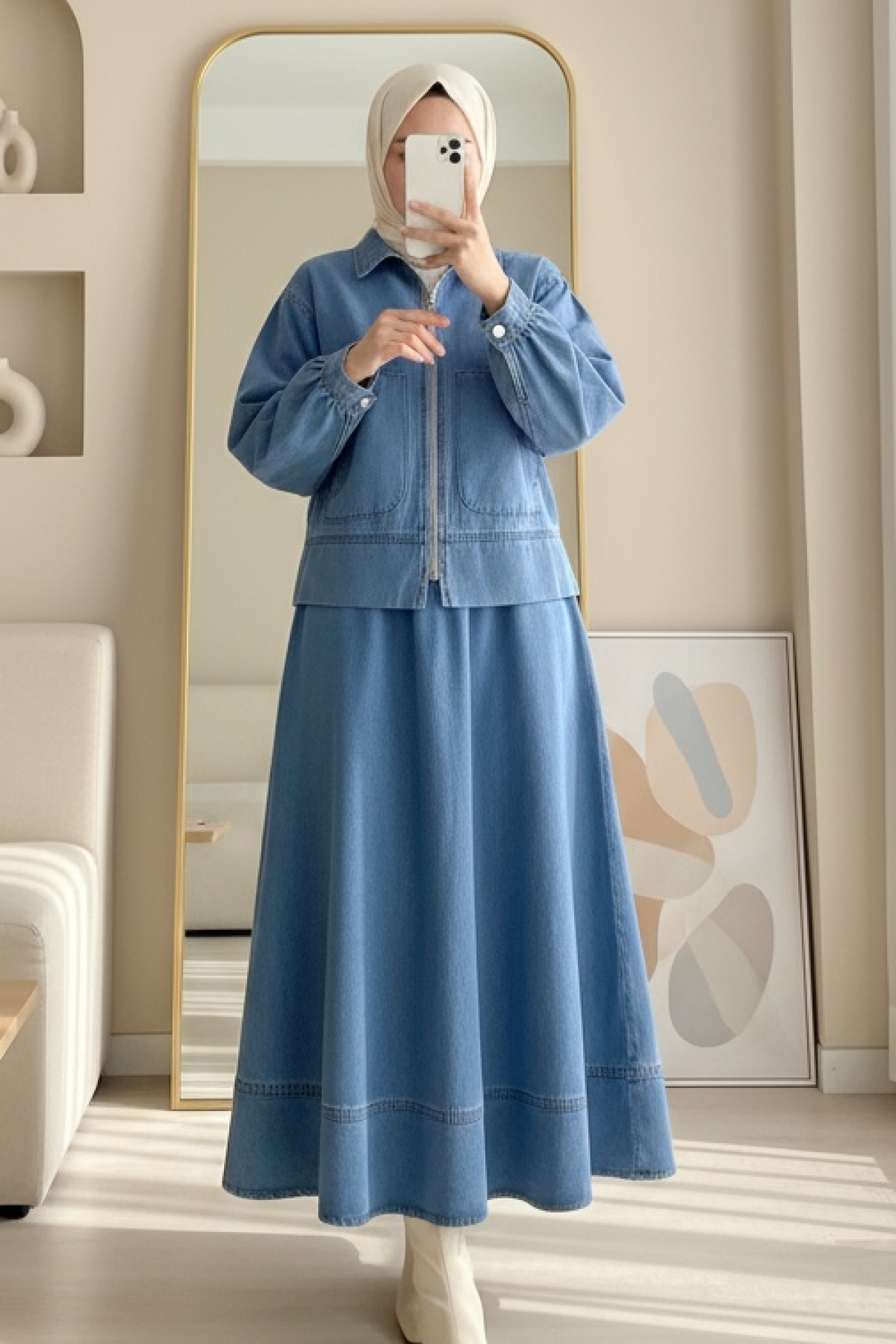 Front Zippered Double Pocket Skirted Denim Suit -Ice Blue