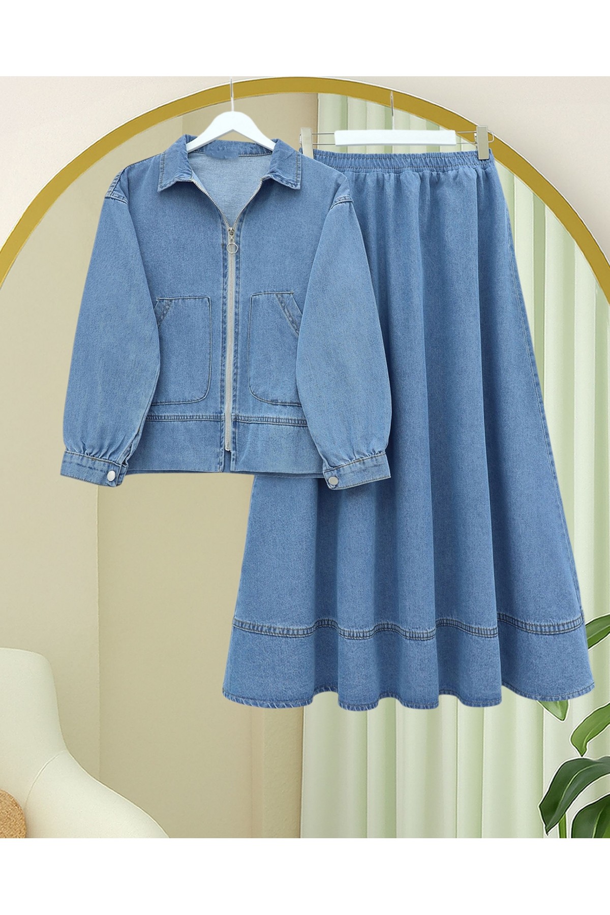 Front Zippered Double Pocket Skirted Denim Suit -Ice Blue