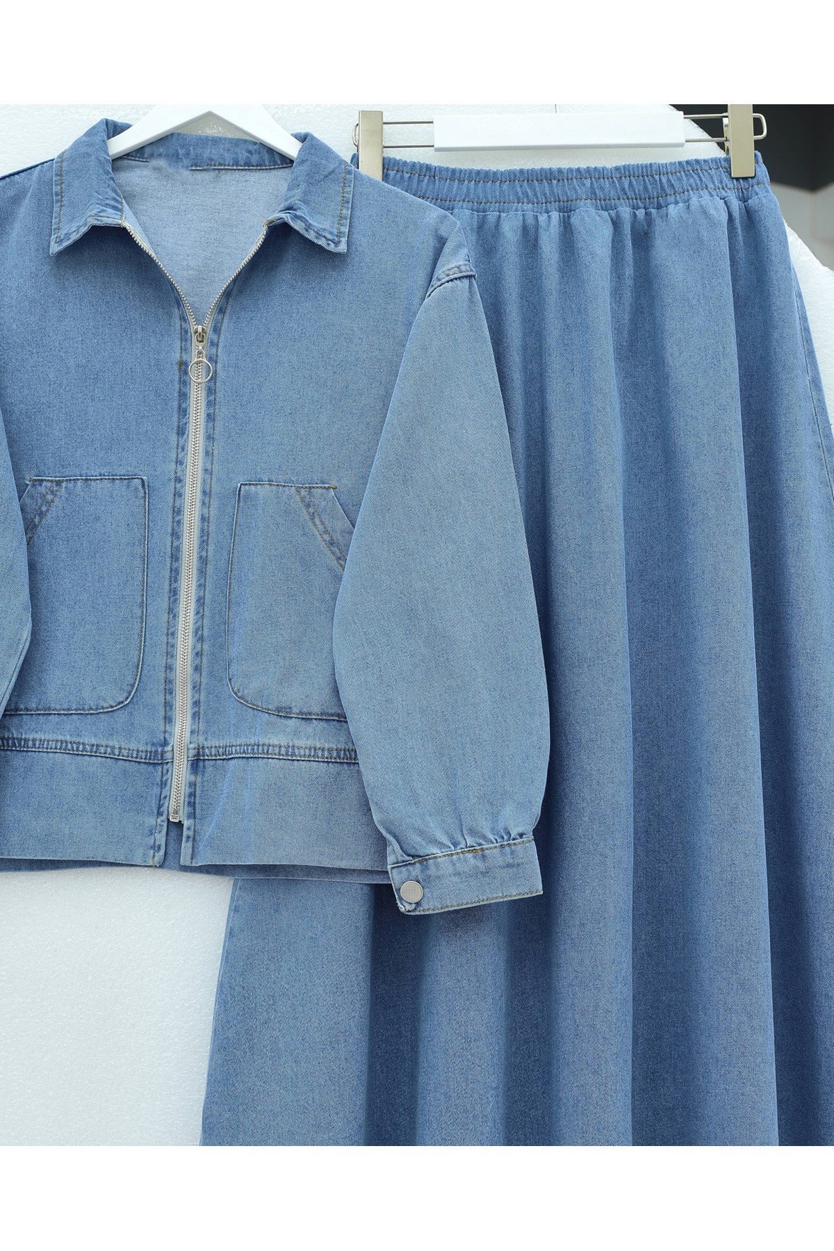 Front Zippered Double Pocket Skirted Denim Suit -Ice Blue