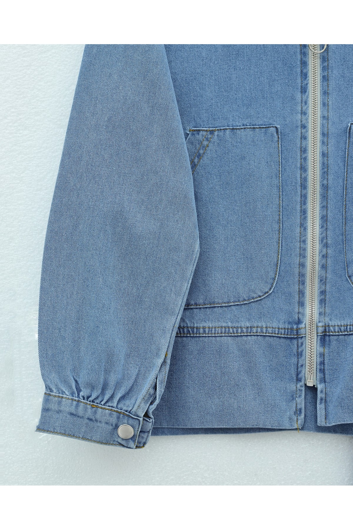 Front Zippered Double Pocket Skirted Denim Suit -Ice Blue