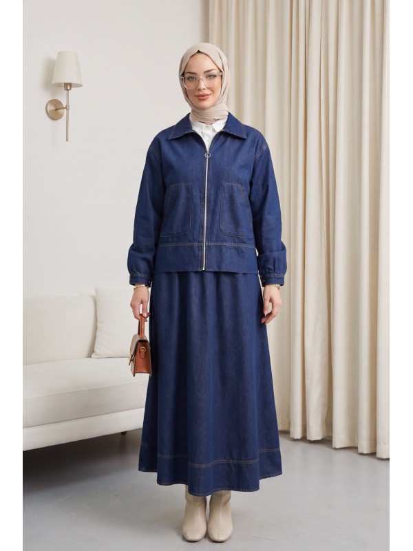 Önü Fermuarlı Çift Cepli Etekli Kot Takım  -K.Laci