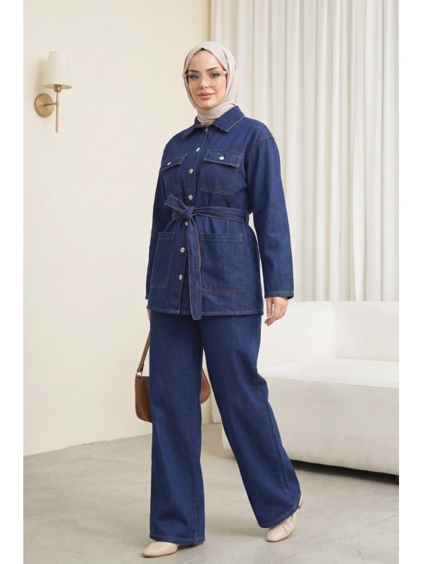 Waist Belted  Pocketed Buttoned Front Denim Suit   -Navy blue
