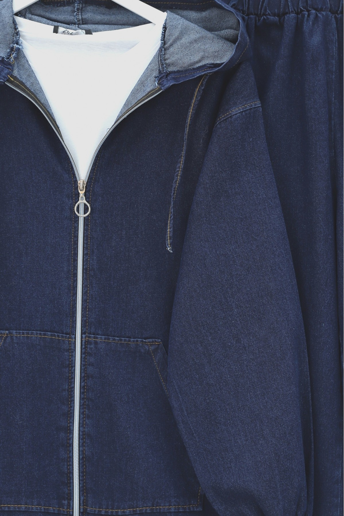 Hooded denim suit with front zip, elasticated cuffs, and pockets.  -Navy blue