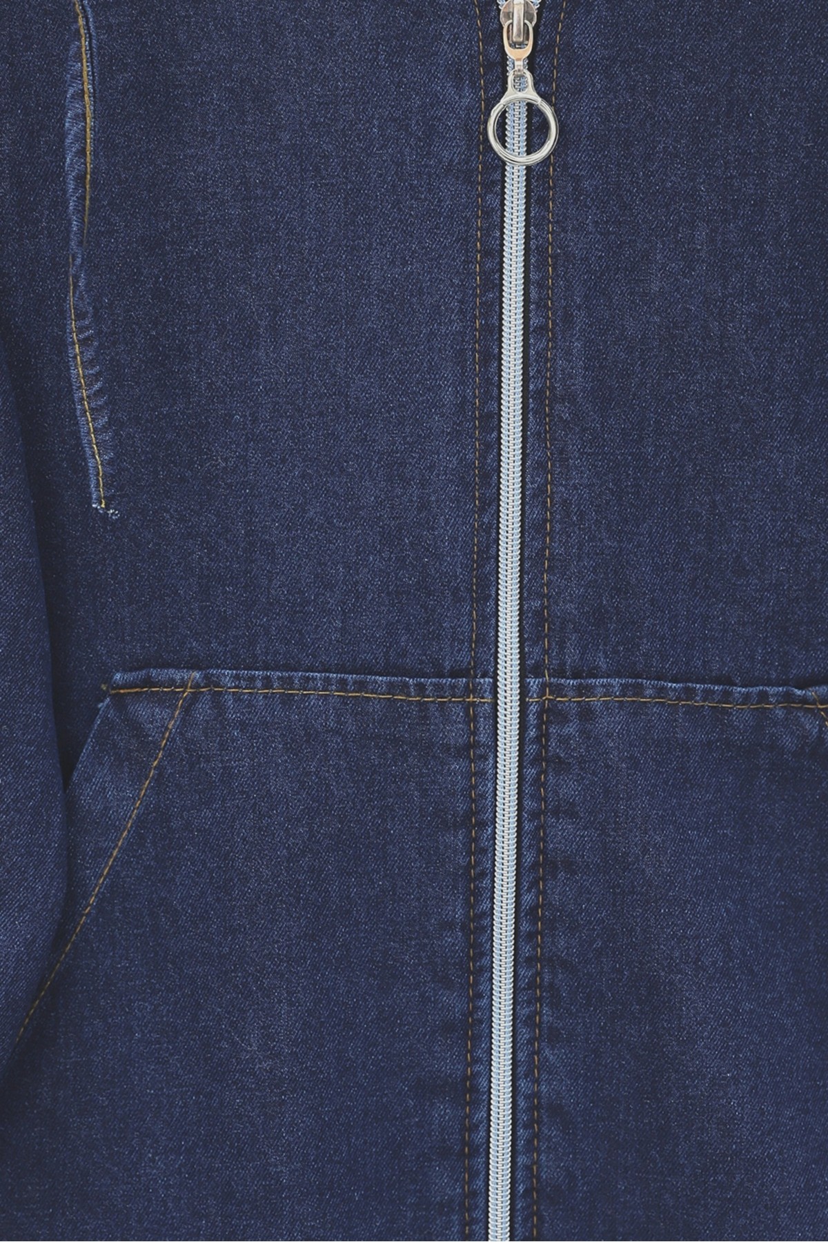 Hooded denim suit with front zip, elasticated cuffs, and pockets.  -Navy blue
