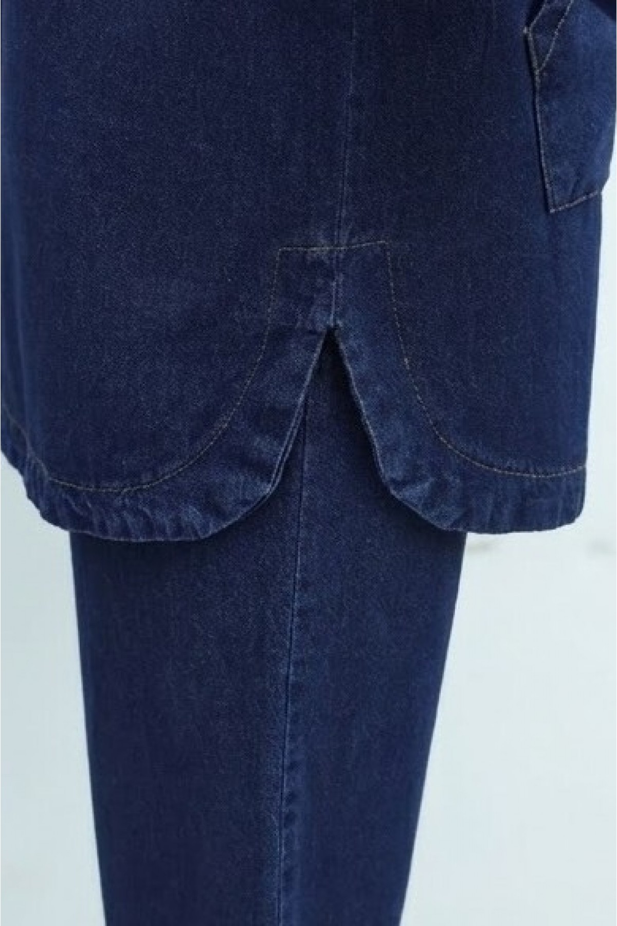 Hooded denim suit with front zip, elasticated cuffs, and pockets.  -Navy blue