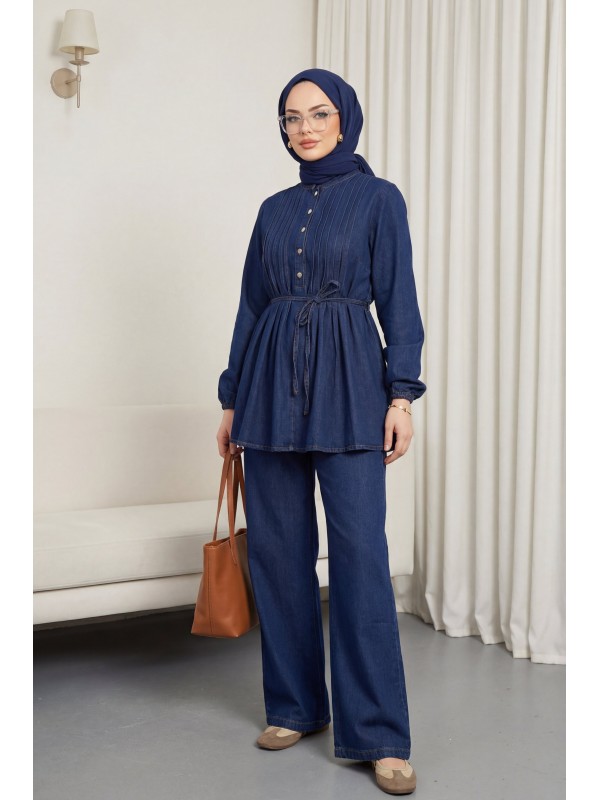 Yarım Düğmeli Önü Pliseli Beli Bağlamalı Pantolonlu Kot Takım   -Laci