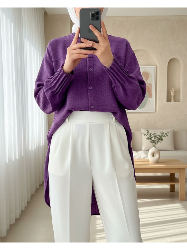 Kol Manşeti Drapeli Oval Kesim Gömlek          -Mor