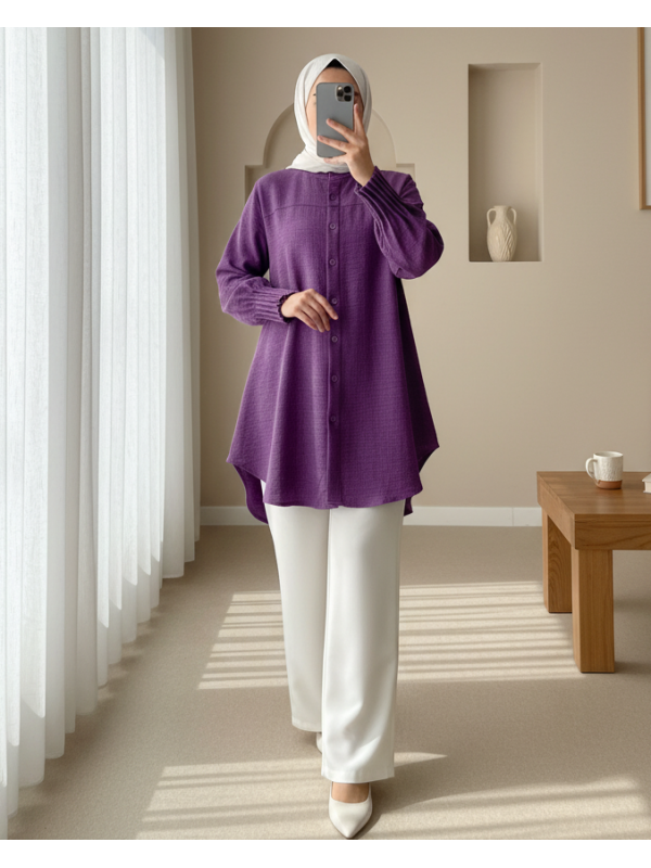 Kol Manşeti Drapeli Oval Kesim Gömlek          -Mor