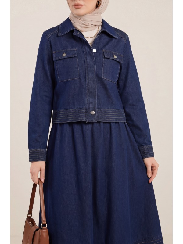 Üstü Gizli Fermuarlı Cepli Kloş Etekli Kot Takım -Laci