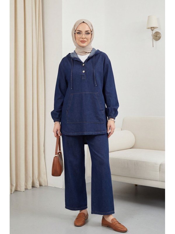 Kapşonlu Yarım Düğmeli Kanguru Cepli Kot Takım -K.Laci