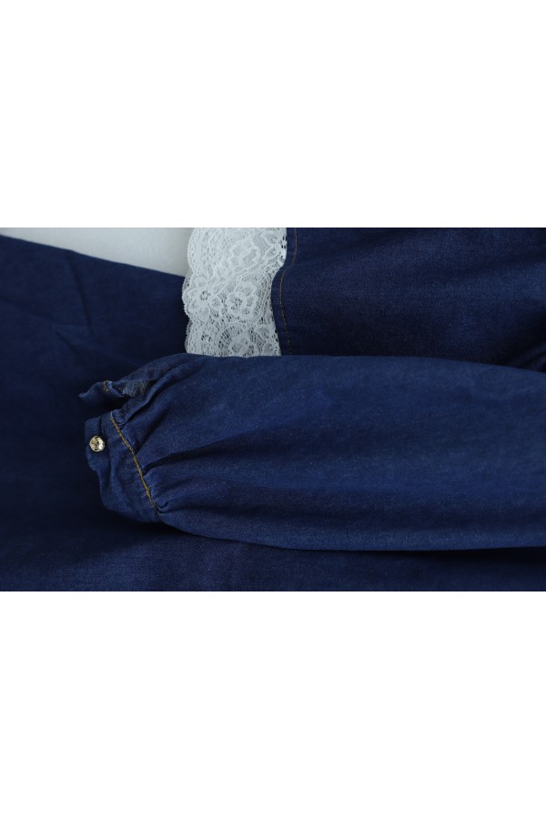 Round Neck, Lace Detail, Belted, Button-Down Skirt Denim Set -İndigo