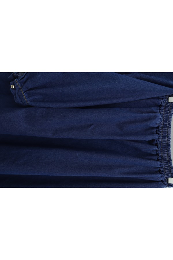 Round Neck, Lace Detail, Belted, Button-Down Skirt Denim Set -İndigo