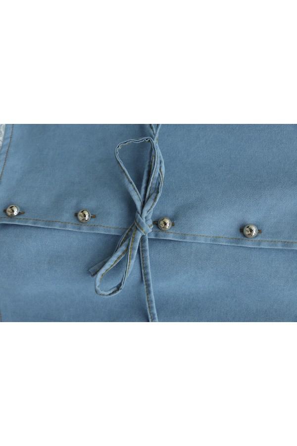 Round Neck, Lace Detail, Belted, Button-Down Skirt Denim Set -Ice Blue