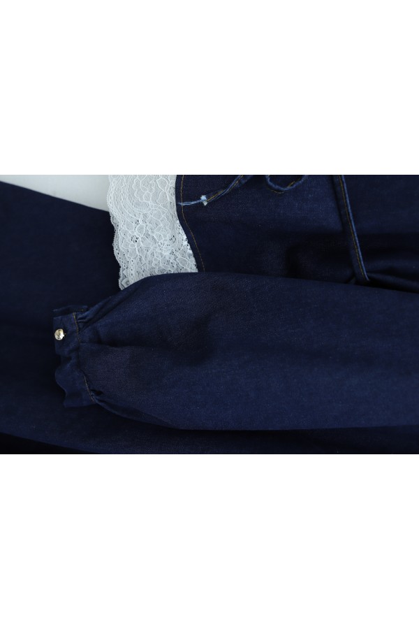 Round Neck, Lace Detail, Belted, Button-Down Skirt Denim Set -dark lacquer