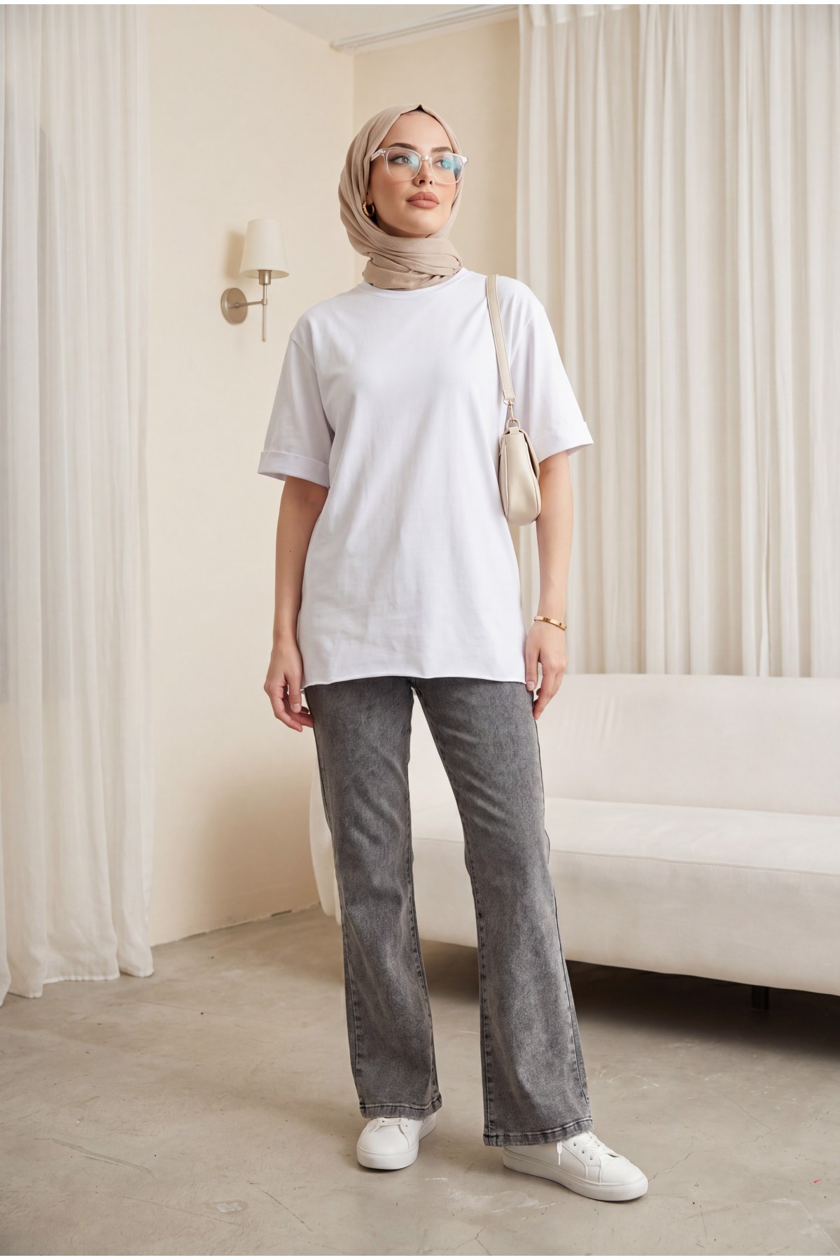 Crew Neck, Slit, Fold-Up Sleeve Cotton T-Shirt-White
